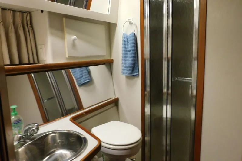La Vida Yacht Photos Pics Bathroom interior of 1993 Carver 445 Aft Cabin Motor Yacht with shower and sink.