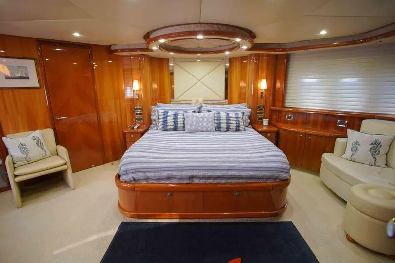 Fins Up Yacht Photos Pics Luxurious bedroom interior of 2006 Sunseeker Manhattan Motor 82 yacht with elegant wood finishes.