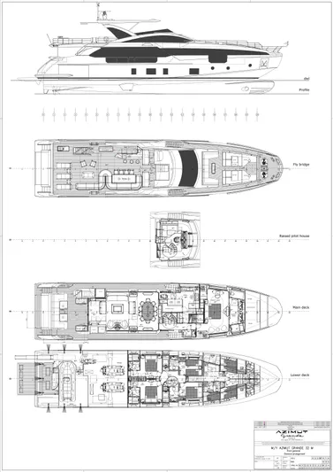 One & Only Yacht Photos Pics Azimut Grande 32 Metri 2020 yacht blueprint with detailed deck layouts and side profile.
