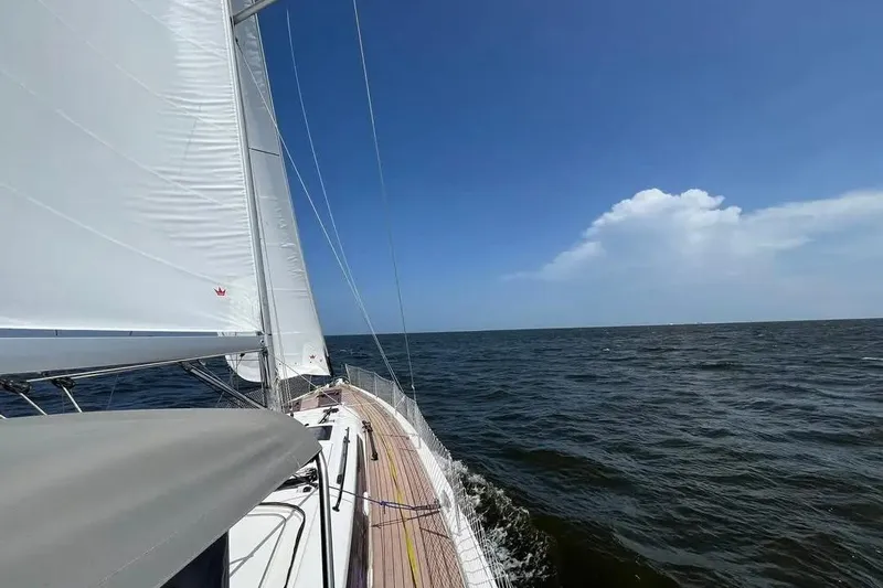  Yacht Photos Pics Sailing on a 2023 Dufour 530 yacht under clear blue skies.