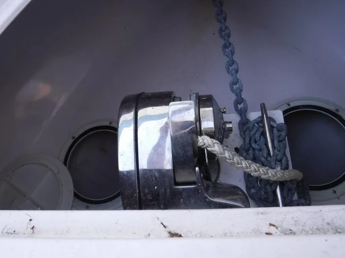  Yacht Photos Pics Anchor windlass on a 2018 Fountain 34CC boat with chain and rope.