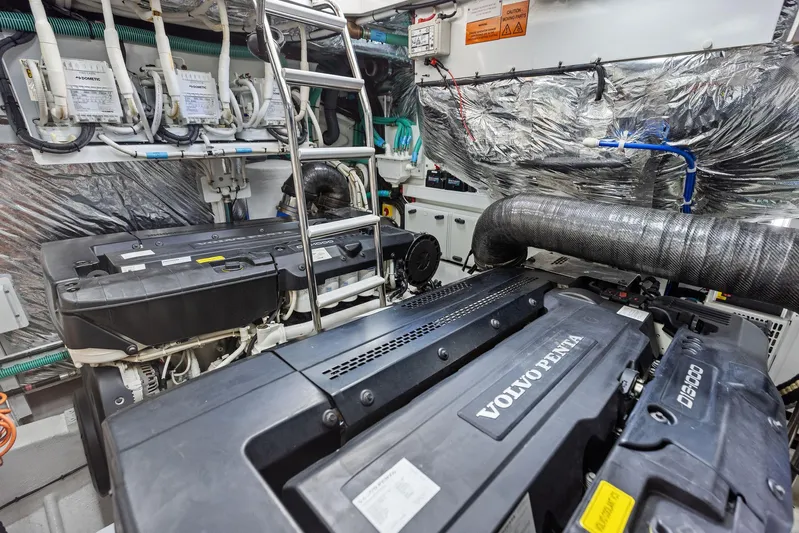 Endless Summer Yacht Photos Pics Engine room of 2020 Princess V55 yacht featuring Volvo Penta engines and advanced equipment.