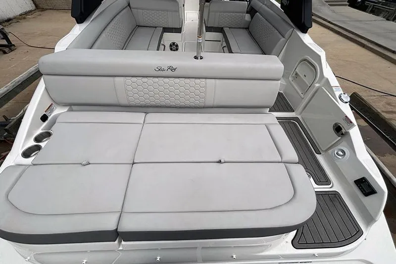  Yacht Photos Pics 2023 Sea Ray SDX 270 Outboard boat interior with spacious seating and modern design.