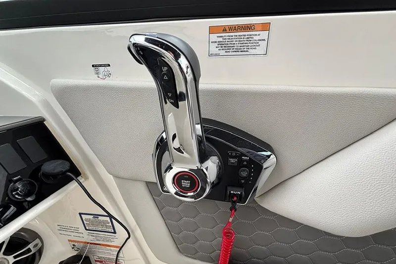  Yacht Photos Pics 2023 Sea Ray SDX 270 Outboard throttle control with start/stop button and warning label.