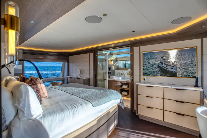 Our Trade Yacht Photos Pics Luxurious interior of 2021 Sirena 88 yacht with ocean view and elegant furnishings.