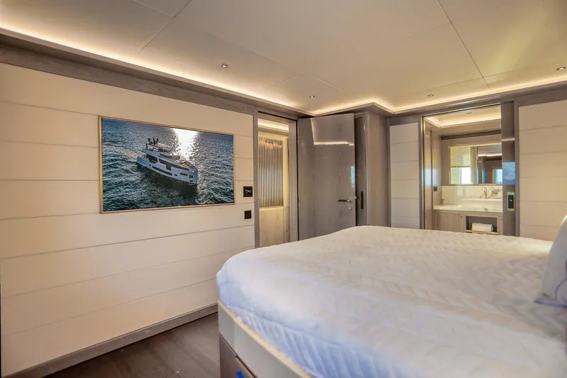 Our Trade Yacht Photos Pics Luxurious Sirena 88 yacht bedroom interior, featuring modern design and elegant lighting, 2021 model.