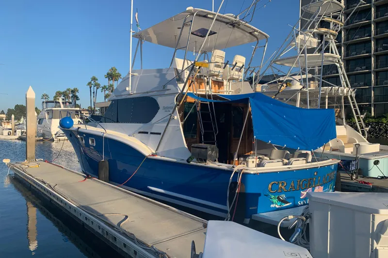  Yacht Photos Pics 1974 Hatteras Convertible Sportfisher docked, blue hull, marina setting, clear sky.