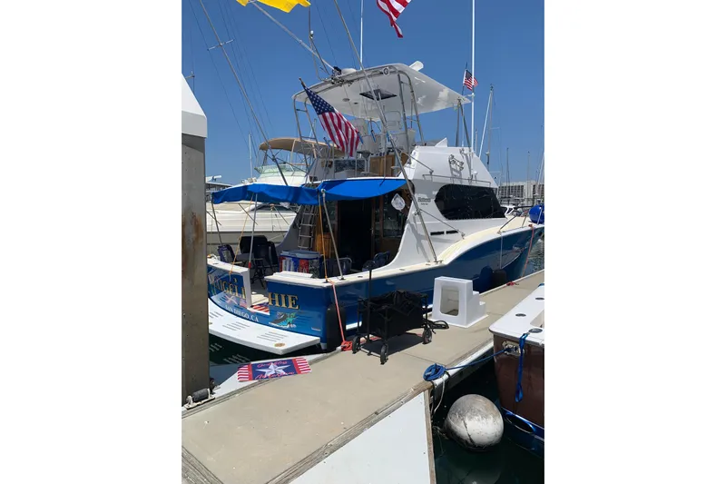  Yacht Photos Pics 1974 Hatteras Convertible Sportfisher docked, featuring American flags and blue canopy.