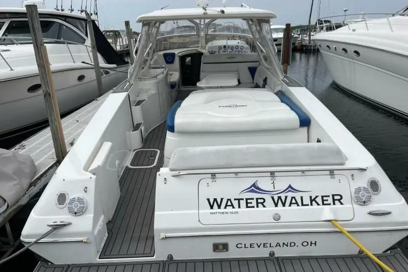  Yacht Photos Pics 2006 Fountain 48 Express Cruiser docked, rear view with "Water Walker" nameplate, Cleveland, OH.
