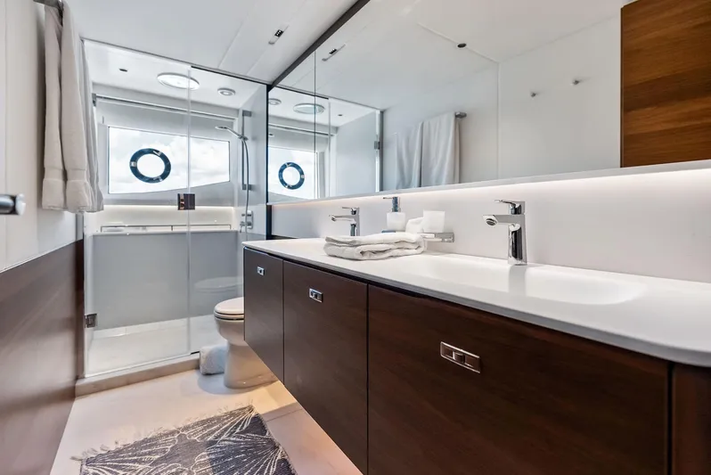 Seaquel Yacht Photos Pics Luxurious bathroom in 2024 Princess Y72 Motor Yacht with modern fixtures and elegant design.
