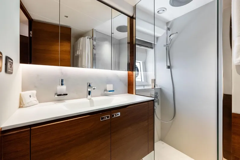 Seaquel Yacht Photos Pics Luxurious bathroom in 2024 Princess Y72 Motor Yacht with modern fixtures and elegant design.
