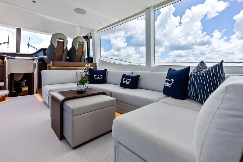 Seaquel Yacht Photos Pics Luxurious interior of 2024 Princess Y72 Motor Yacht with plush seating and scenic views.