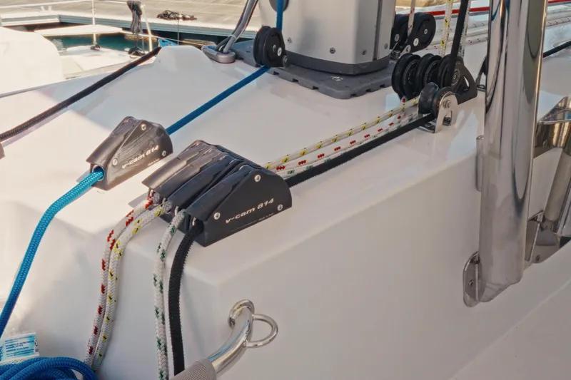 Stills Yacht Photos Pics Sailing equipment on 2026 Bali 5.2 yacht, featuring ropes and cam cleats.