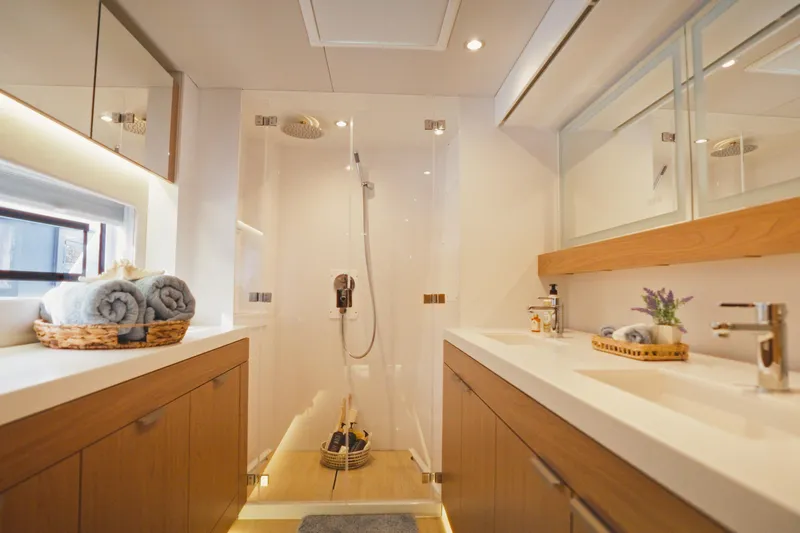 Stills Yacht Photos Pics Luxurious bathroom in 2026 Bali 5.2 yacht with modern fixtures and elegant design.