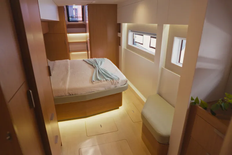 Stills Yacht Photos Pics Luxurious cabin interior of 2026 Bali 5.2 yacht with modern design and ambient lighting.