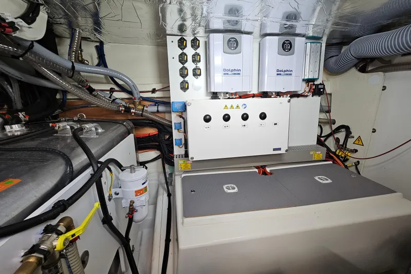 Shadow Yacht Photos Pics Engine room of 2024 Prestige F4 yacht with electrical systems and wiring.