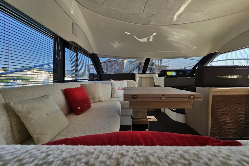 Shadow Yacht Photos Pics Luxurious interior of 2024 Prestige F4 yacht with elegant seating and modern design.