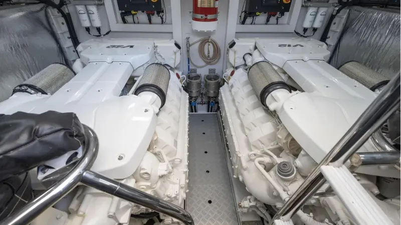  Yacht Photos Pics Engine room of 2022 Princess S66 yacht, featuring dual engines and modern equipment.
