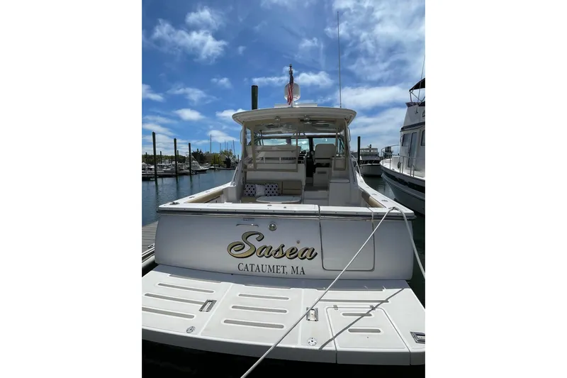 Sasea Yacht Photos Pics 2009 Tiara Yachts 4200 Open docked, rear view with "Sasea" name, Cataumet, MA.