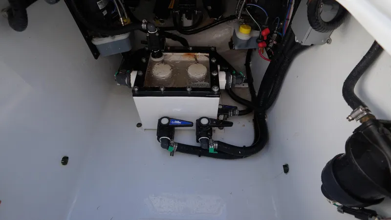  Yacht Photos Pics 2023 Contender 32 ST boat engine compartment with wiring and components.