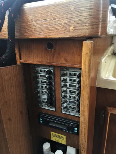 Katama Yacht Photos Pics Electrical panel of a 1986 Bertram 31 Sportfish Flybridge boat.