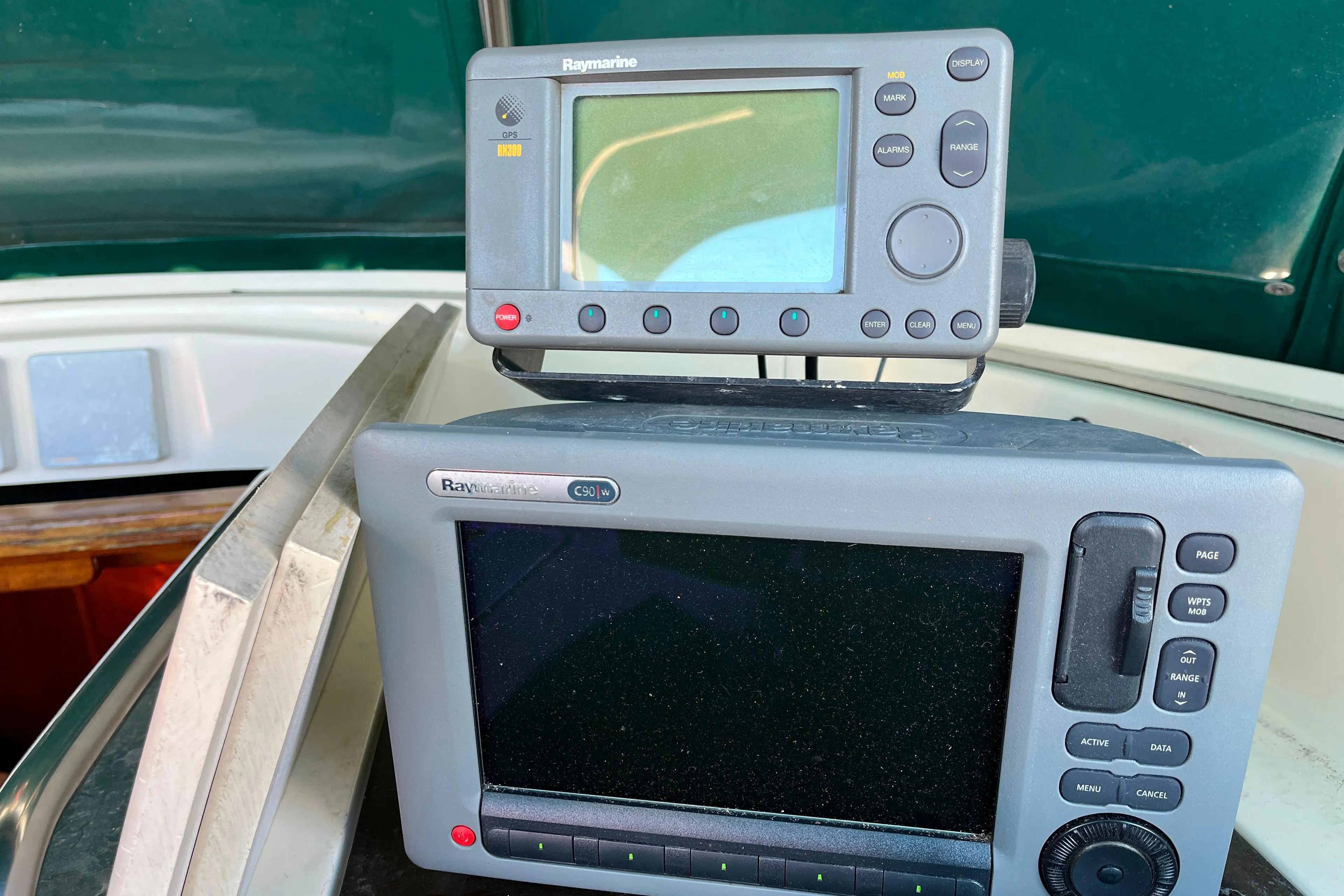 Raymarine navigation equipment on 1985 Caliber 47LRC sailboat cockpit.