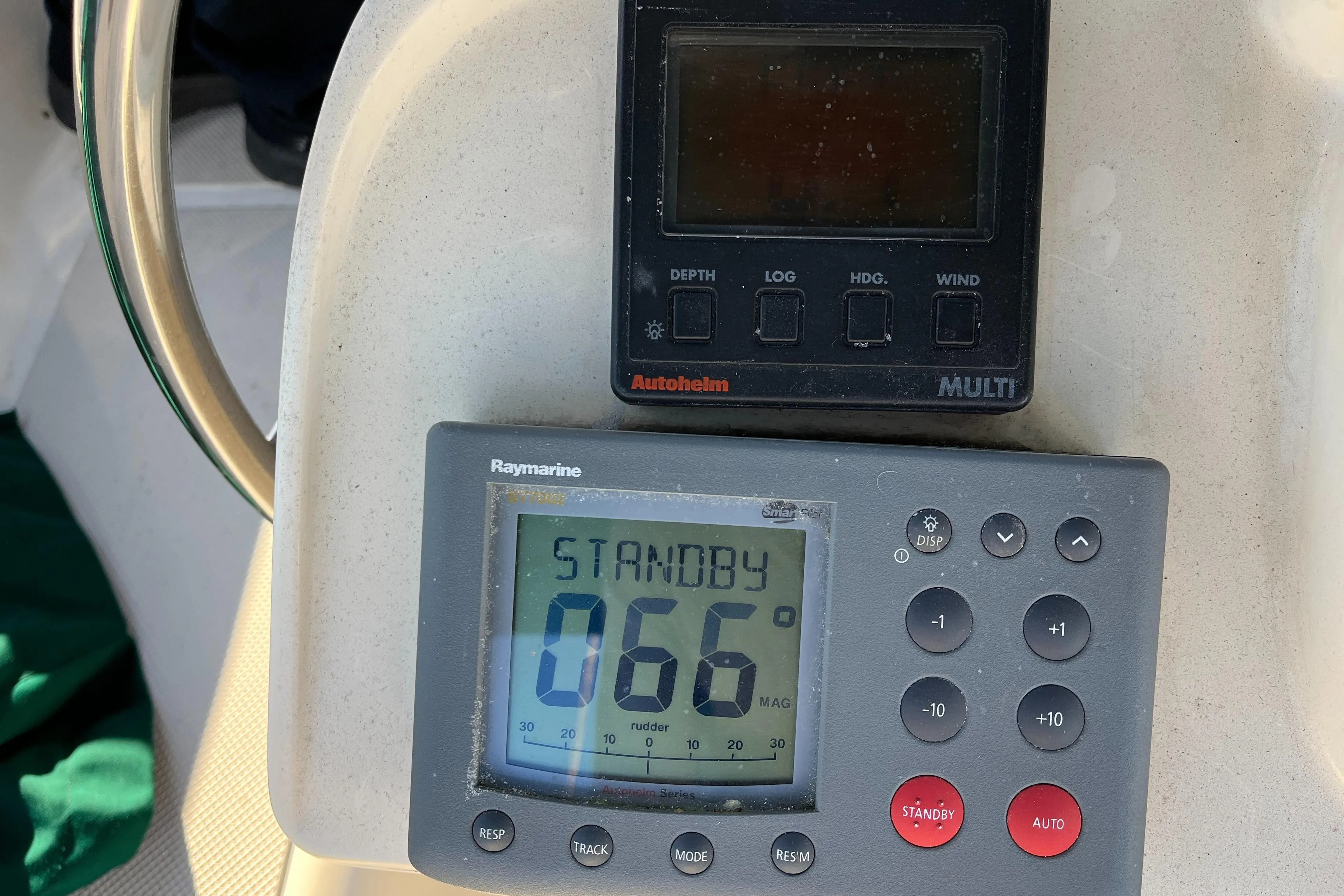 Autopilot and navigation instruments on a 1985 Caliber 47LRC sailboat.