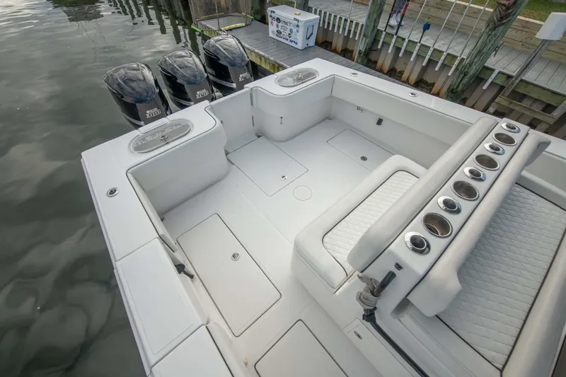 Mr Fish Yacht Photos Pics 2016 SeaHunter 35 Tournament boat with spacious deck and triple outboard motors.