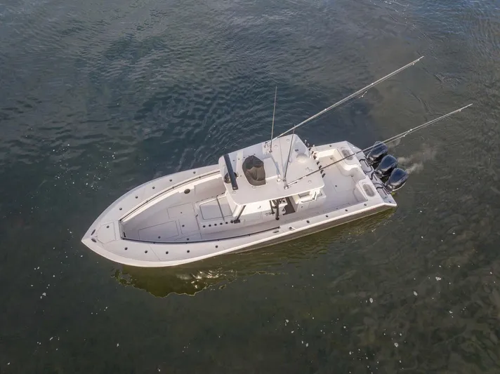Mr Fish Yacht Photos Pics 2016 SeaHunter 35 Tournament boat on water, aerial view.