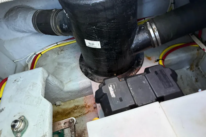  Yacht Photos Pics Engine compartment of a 2005 Meridian 341 Sedan boat, showing pipes and wiring.