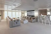 Luxurious yacht interior with beige sofas, large windows, and modern decor, Austal Displacement 2007.
