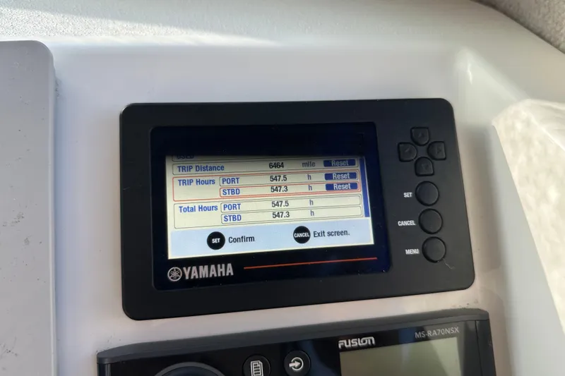 Fortuna Yacht Photos Pics Yamaha display on 2019 Parker 2820 XLD Sport Cabin showing trip and total hours.