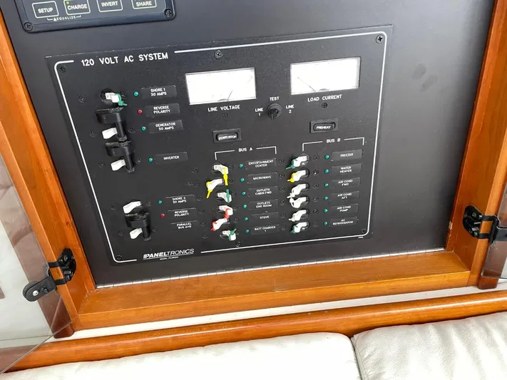 Don't Blink Yacht Photos Pics Electrical panel of a 1999 Legacy 34 Express boat, featuring 120 Volt AC system controls.