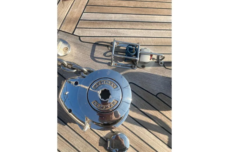  Yacht Photos Pics Deck of 2007 Hallberg-Rassy 54 yacht with anchor windlass.