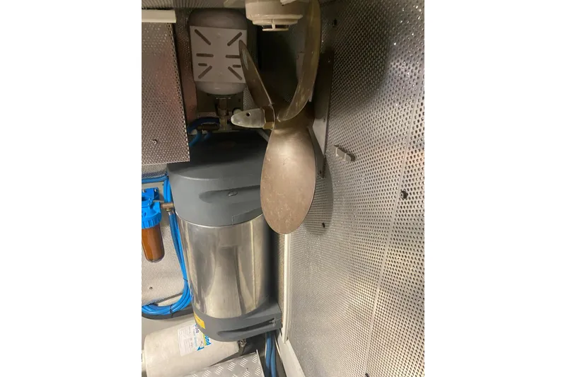  Yacht Photos Pics Engine room of 2007 Hallberg-Rassy 54 yacht with visible propeller and equipment.