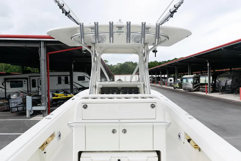  Yacht Photos Pics 2017 SeaVee 340Z boat docked in a storage facility with RVs in the background.
