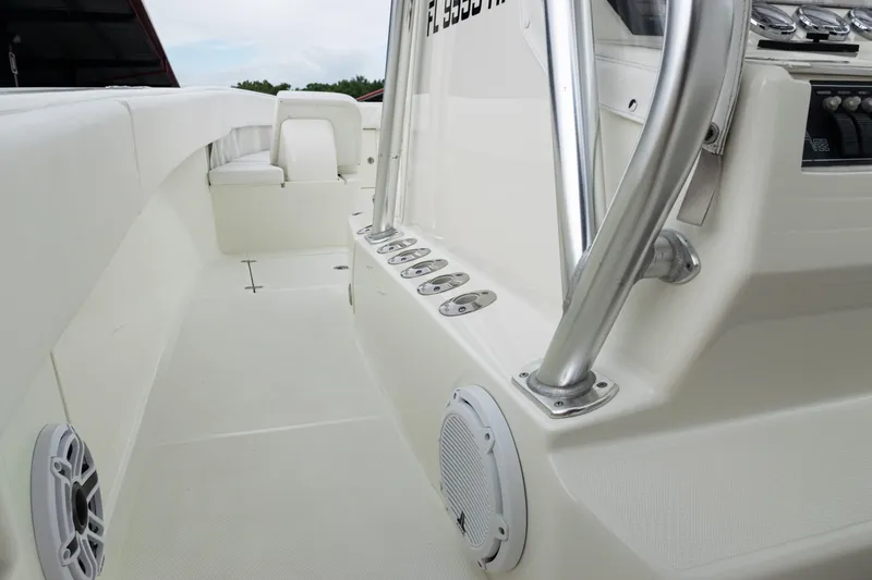  Yacht Photos Pics 2017 SeaVee 340Z boat interior with white seating and stainless steel railings.
