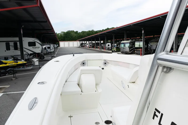  Yacht Photos Pics 2017 SeaVee 340Z boat in storage, surrounded by RVs and trailers.