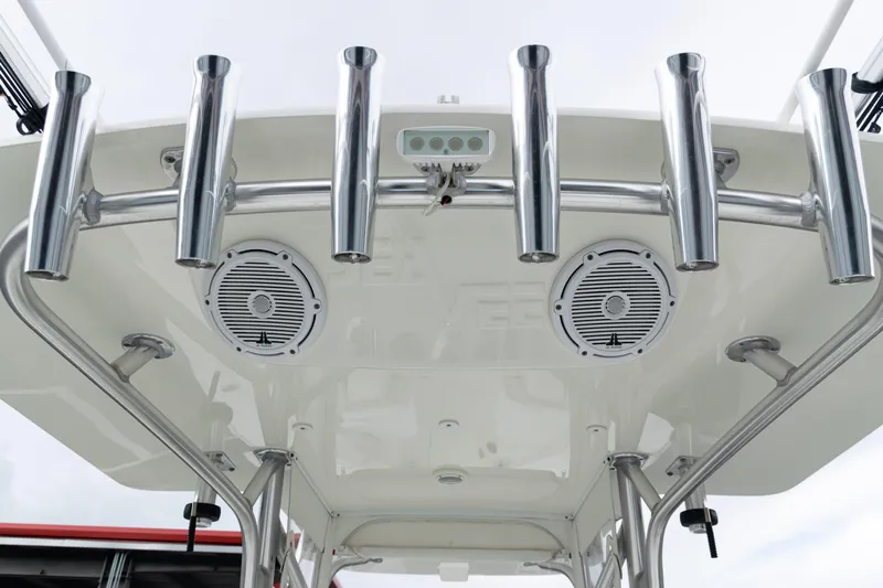  Yacht Photos Pics 2017 SeaVee 340Z boat with rod holders and speakers on the T-top.