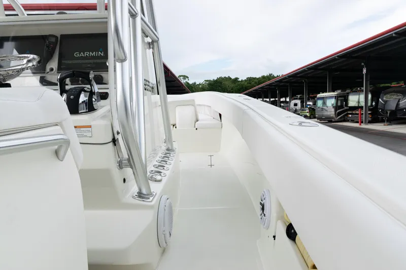  Yacht Photos Pics 2017 SeaVee 340Z boat interior with Garmin navigation, docked near RVs.