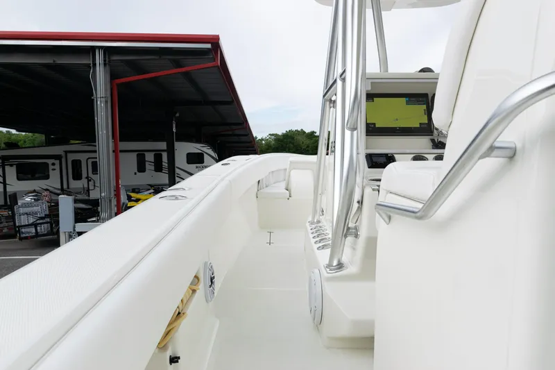  Yacht Photos Pics 2017 SeaVee 340Z boat interior with navigation display and seating, parked near RVs.