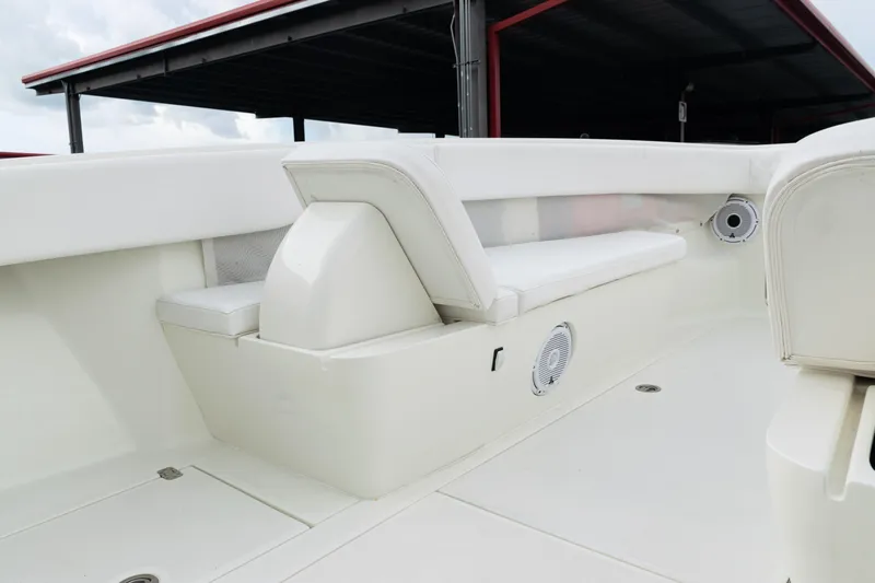  Yacht Photos Pics 2017 SeaVee 340Z boat interior with white seating and built-in speakers.