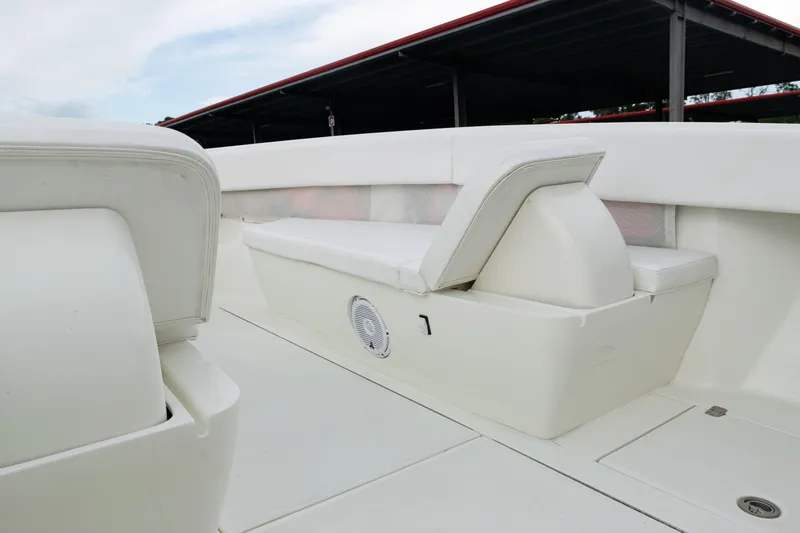  Yacht Photos Pics 2017 SeaVee 340Z boat interior with white cushioned seating and speaker.