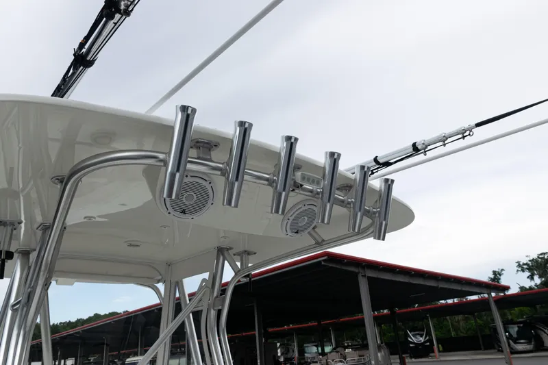  Yacht Photos Pics 2017 SeaVee 340Z boat with rod holders and speakers on the T-top.