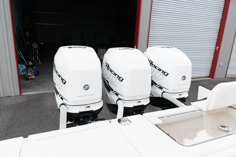  Yacht Photos Pics 2017 SeaVee 340Z with triple Mercury Racing outboard engines in a storage facility.