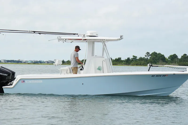  Yacht Photos Pics 2024 Contender 25 Tournament boat on water, side view with person onboard.