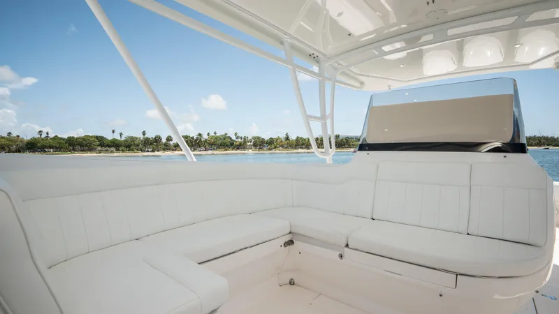  Yacht Photos Pics Luxurious seating on 2013 Intrepid 400 Cuddy boat with ocean view.