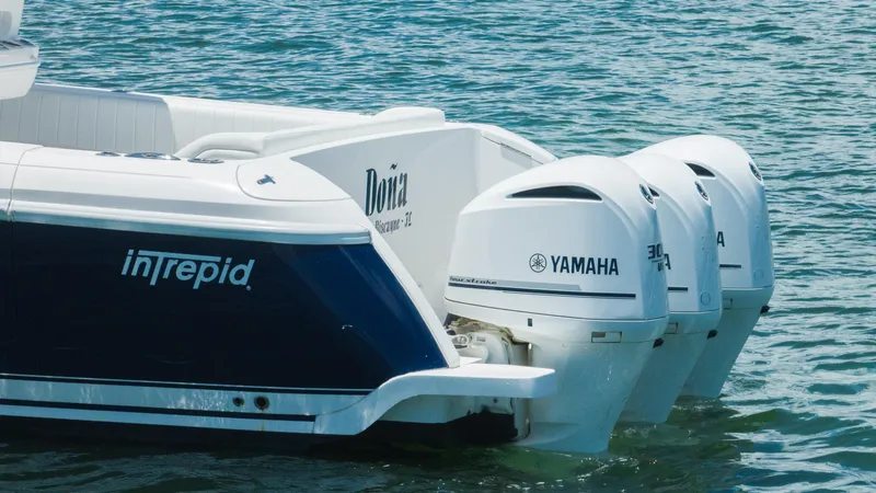  Yacht Photos Pics Intrepid 400 Cuddy 2013 with Yamaha outboard engines on water.