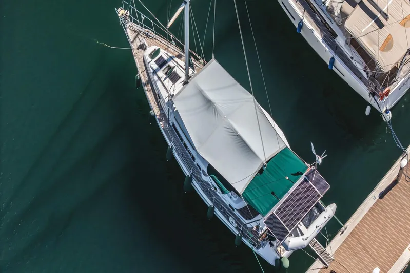  Yacht Photos Pics Aerial view of 2000 Beneteau Oceanis 40 CC yacht docked at marina.