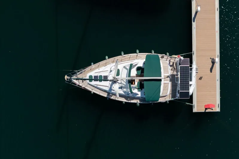  Yacht Photos Pics Aerial view of 2000 Beneteau Oceanis 40 CC yacht docked at a marina.